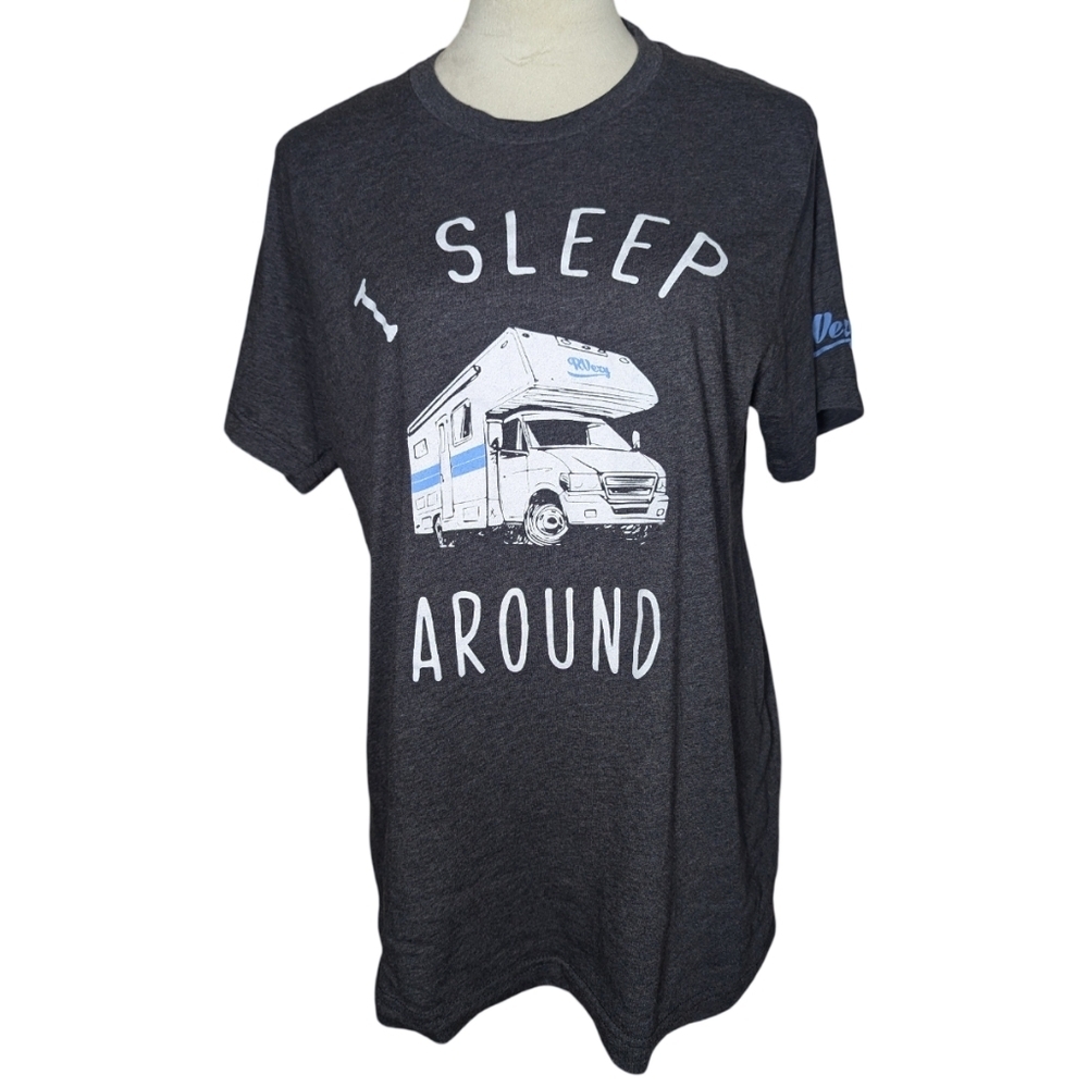 Bella + Canvas Women's Large "I Sleep Around" Camper Van Graphic RVezy Tee Shirt - Picture 1 of 6